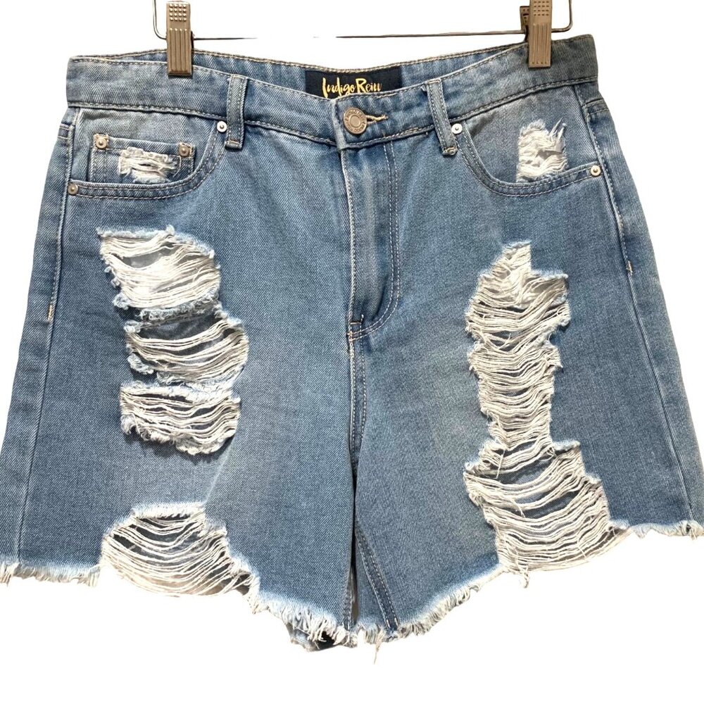 Indigo Rein High Rise High Waist Jean Shorts Cutoffs Distressed Retro Size 7 27